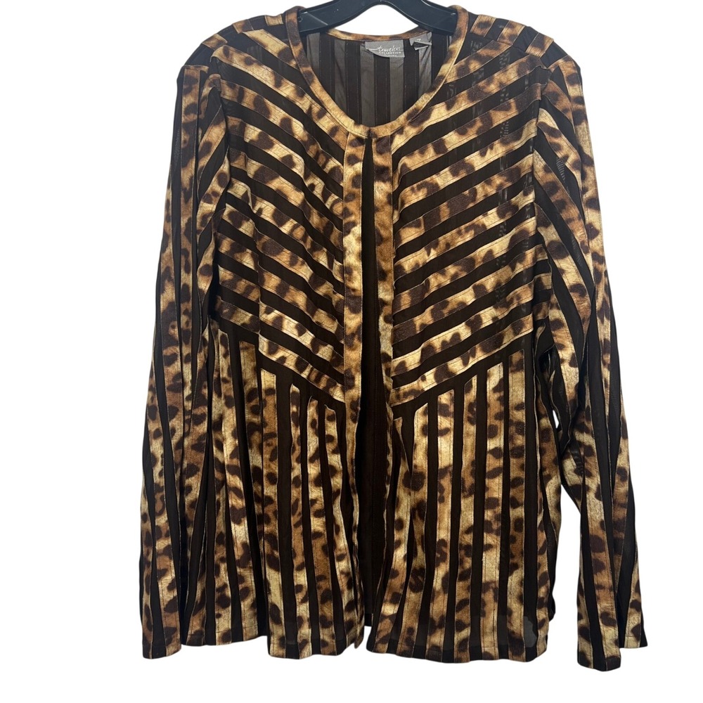 Chicos Travelers Leopard Print Mesh Open Front Cardigan Brown Stripe Size 3 XL